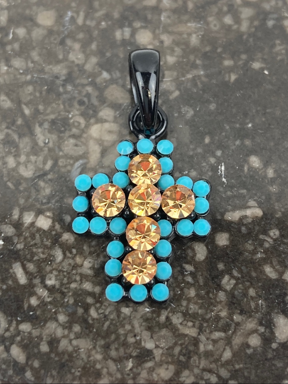 Petite Crystal & Blue Bead Cross Pendant 1”